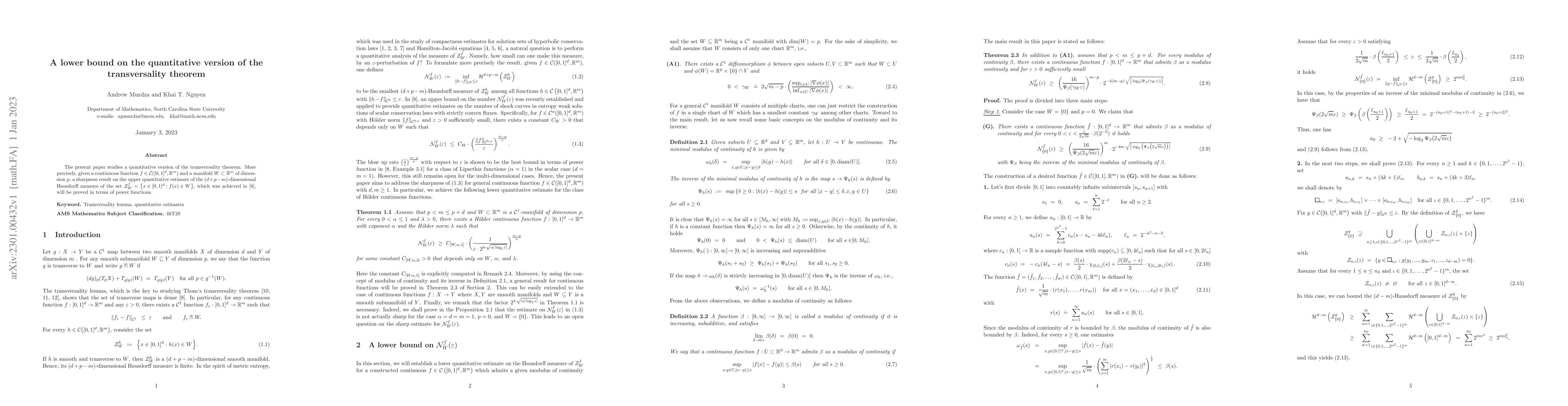 Thumbnail for A lower bound on the quantitative version of the transversality theorem