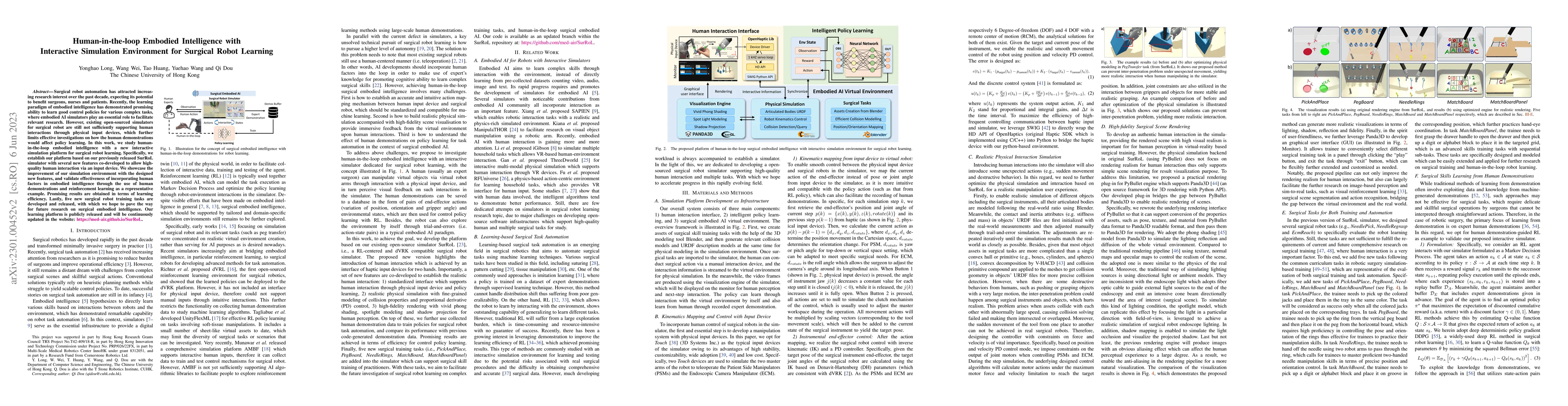 Thumbnail for Human-in-the-loop Embodied Intelligence with Interactive Simulation
  Environment for Surgical Robot Learning
