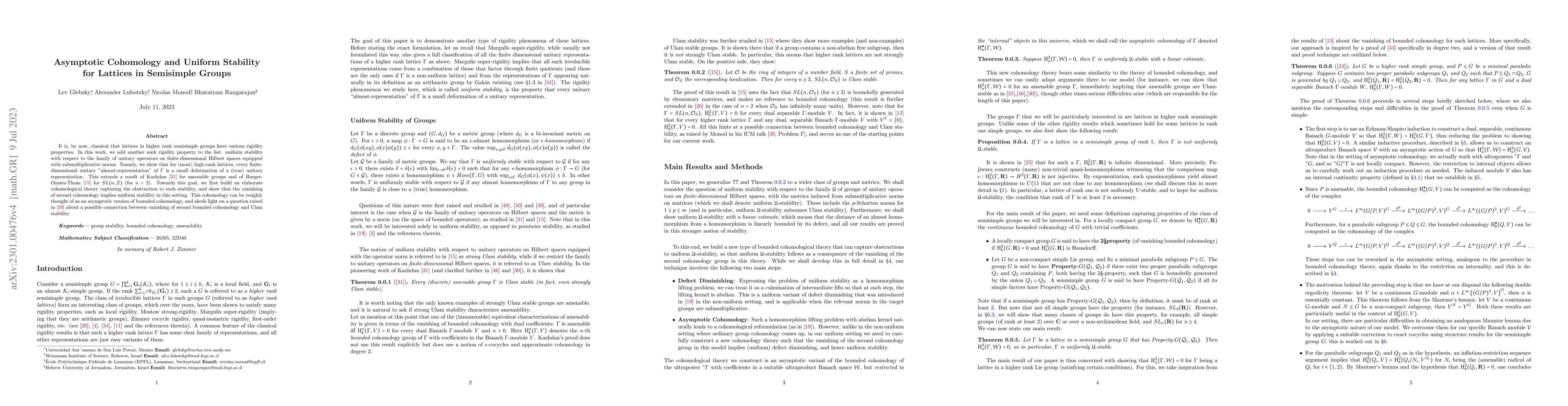 Thumbnail for Asymptotic Cohomology and Uniform Stability for Lattices in Semisimple
  Groups