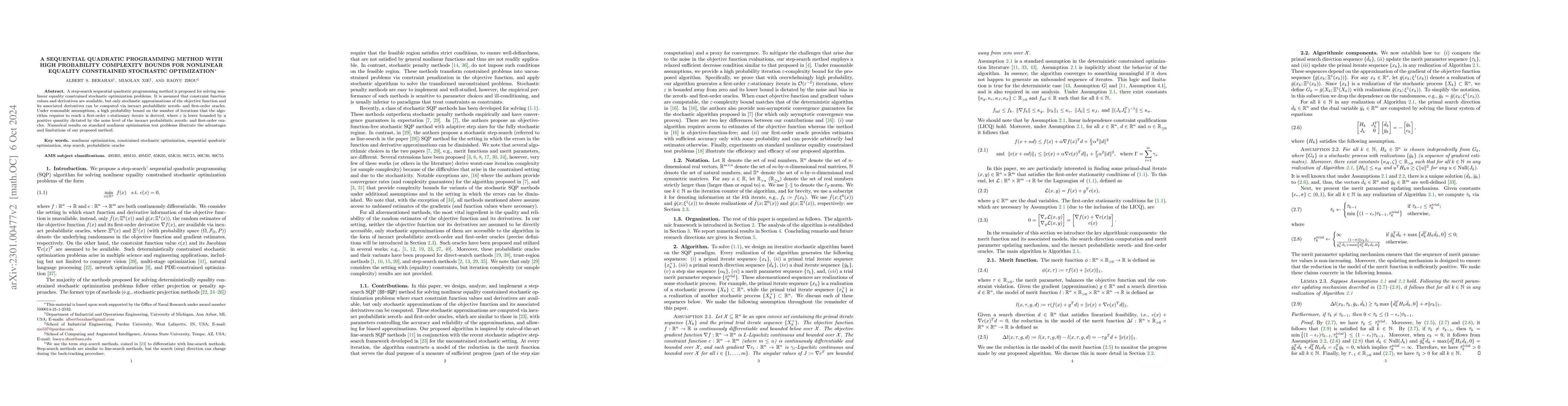 Thumbnail for A Sequential Quadratic Programming Method with High Probability
  Complexity Bounds for Nonlinear Equality Constrained Stochastic Optimization