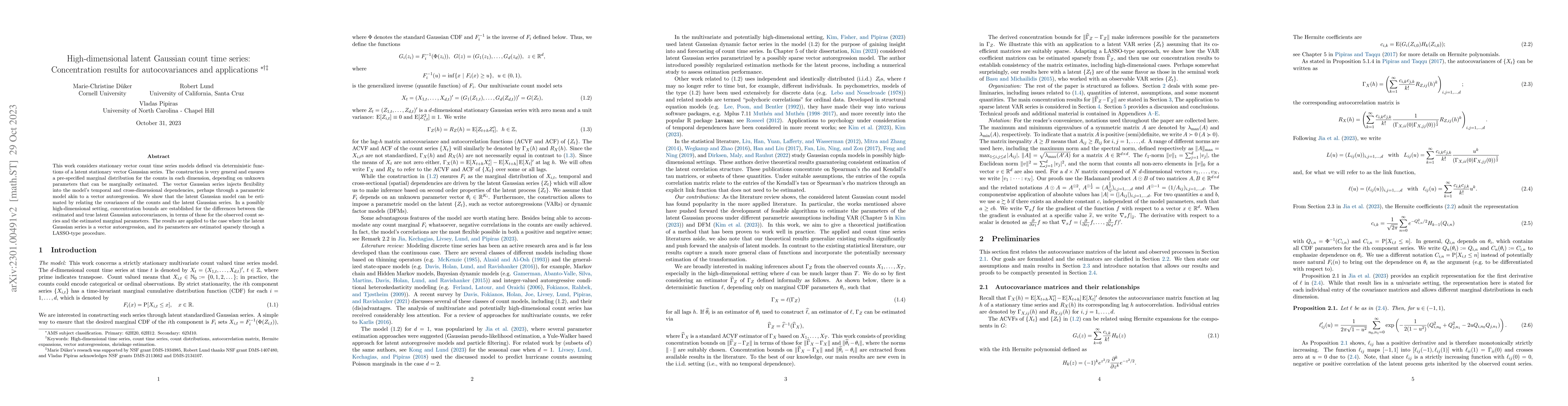 Thumbnail for High-dimensional latent Gaussian count time series: Concentration
  results for autocovariances and applications