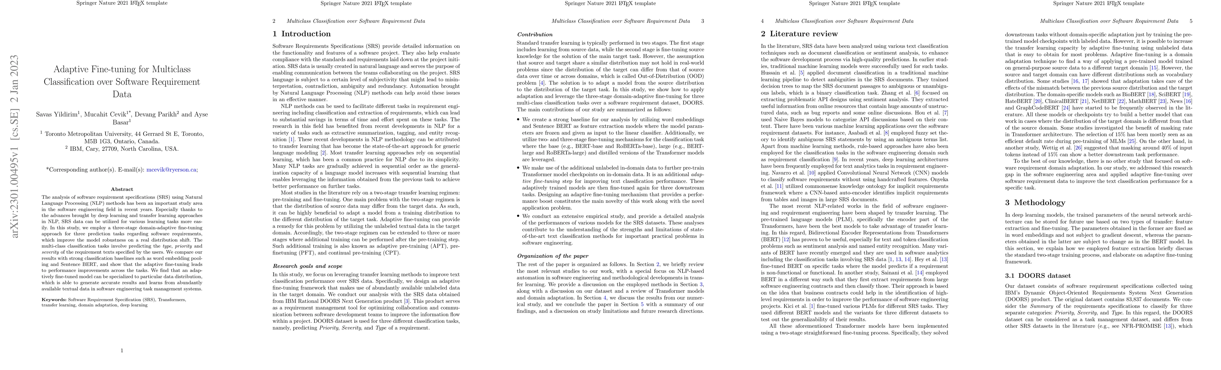 Thumbnail for Adaptive Fine-tuning for Multiclass Classification over Software
  Requirement Data
