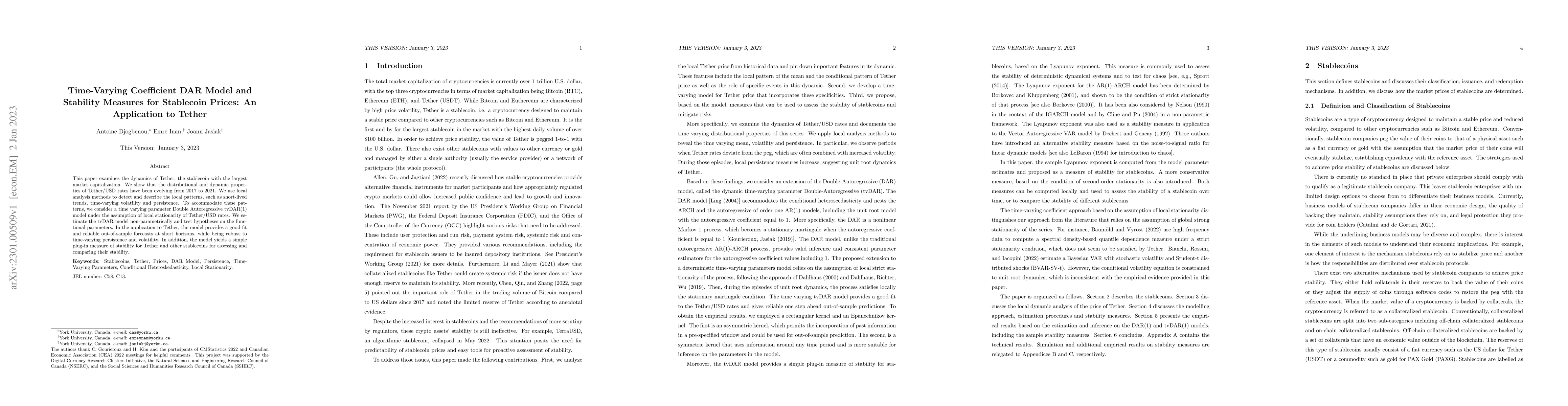 Thumbnail for Time-Varying Coefficient DAR Model and Stability Measures for Stablecoin
  Prices: An Application to Tether