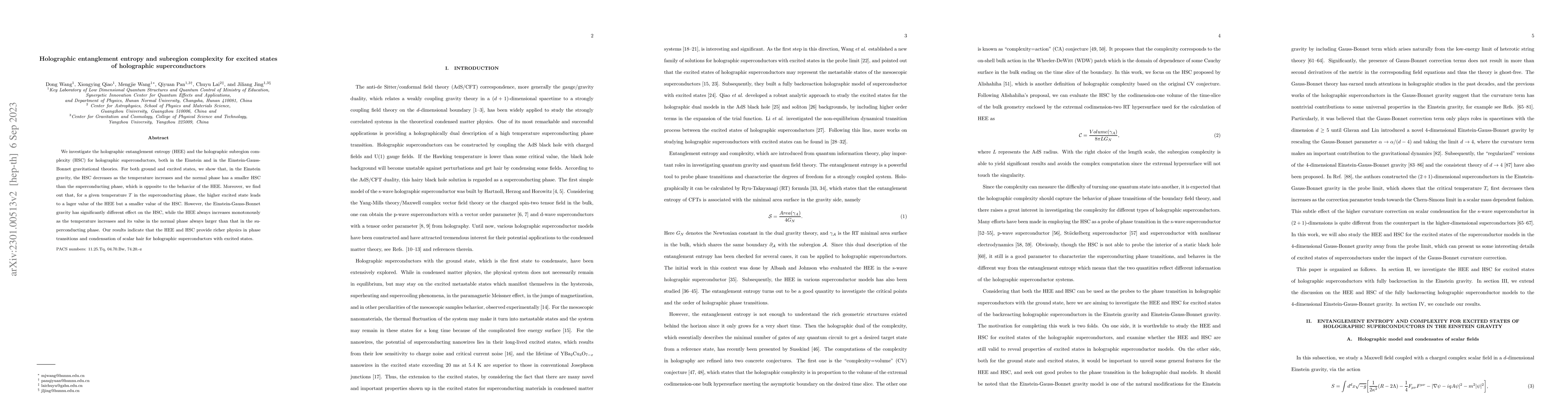 Thumbnail for Holographic entanglement entropy and subregion complexity for excited
  states of holographic superconductors