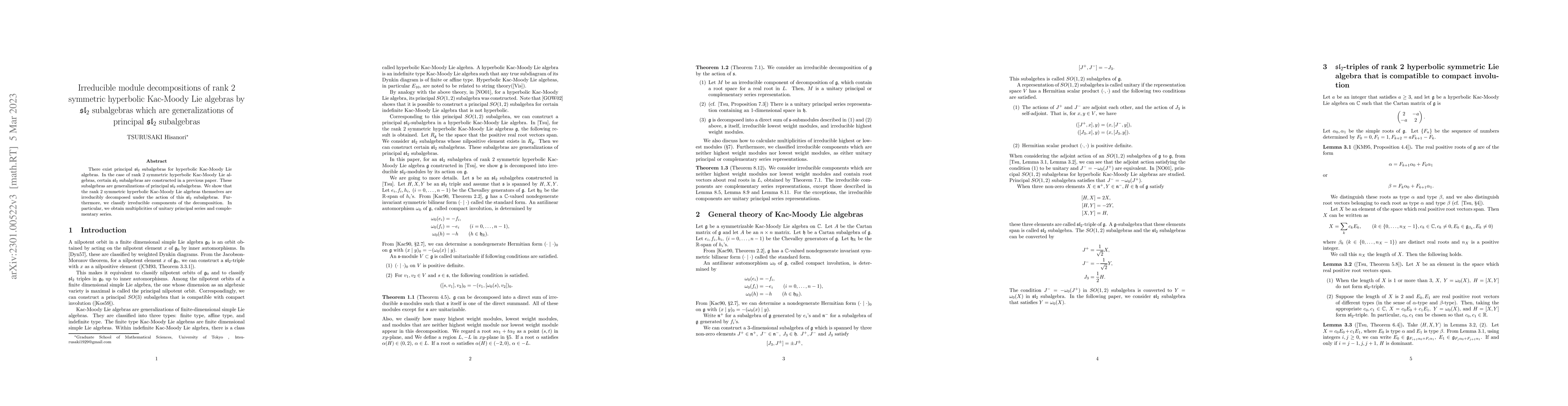 Thumbnail for Irreducible module decompositions of rank 2 symmetric hyperbolic
  Kac-Moody Lie algebras by $\mathfrak{sl}_2$ subalgebras which are
  generalizations of principal $\mathfrak{sl}_2$ subalgebras