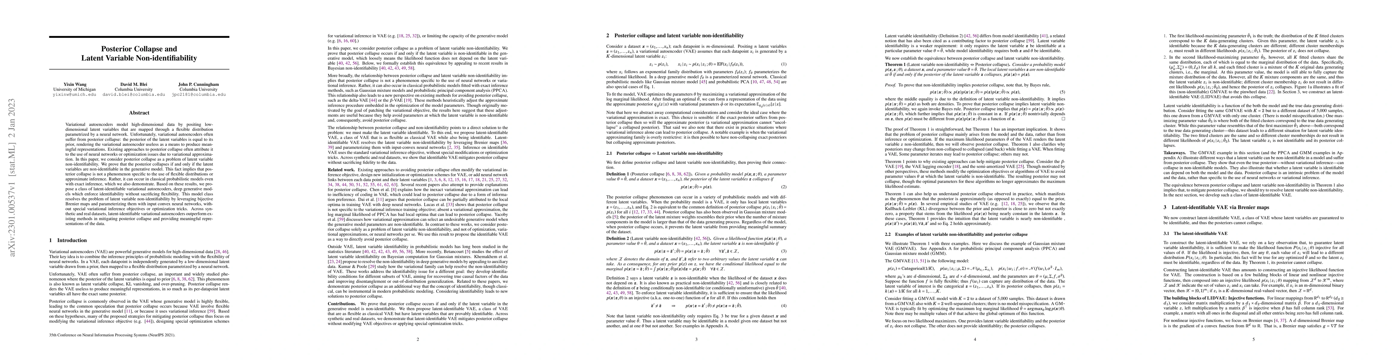 Thumbnail for Posterior Collapse and Latent Variable Non-identifiability