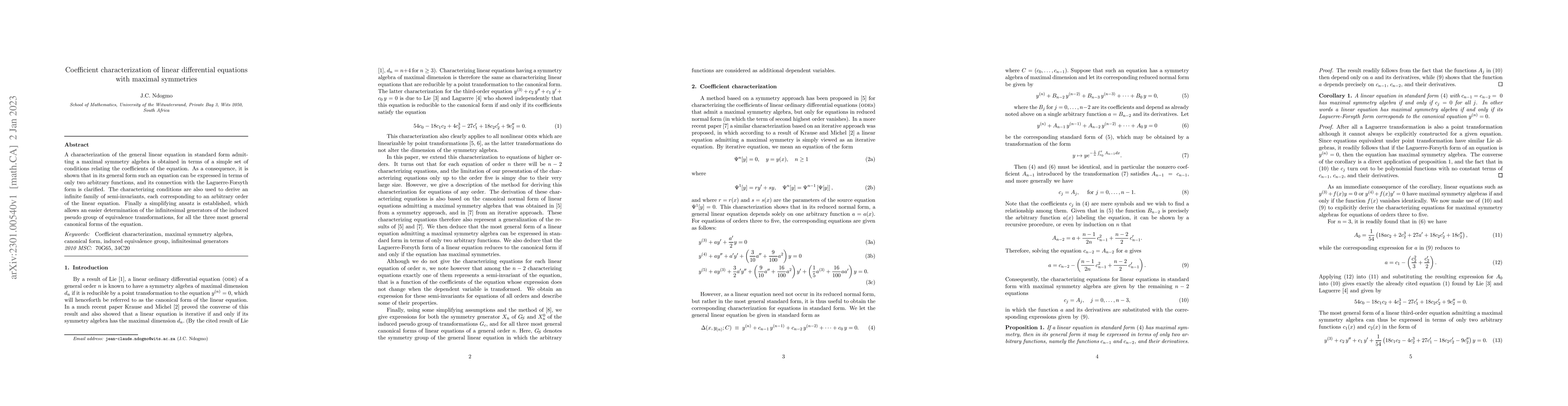 Thumbnail for Coefficient characterization of linear differential equations with
  maximal symmetries