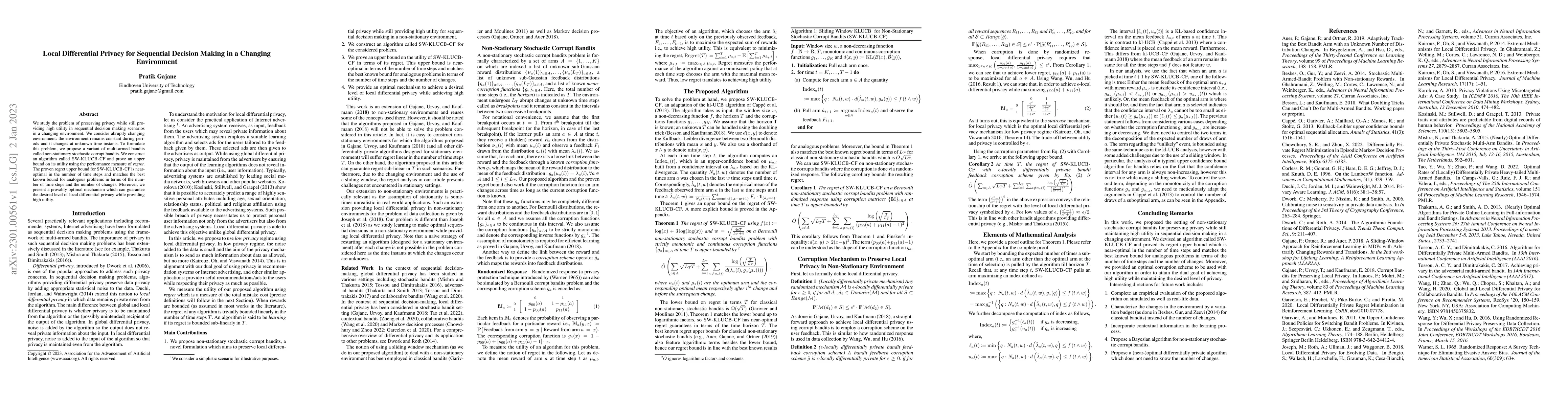 Thumbnail for Local Differential Privacy for Sequential Decision Making in a Changing
  Environment