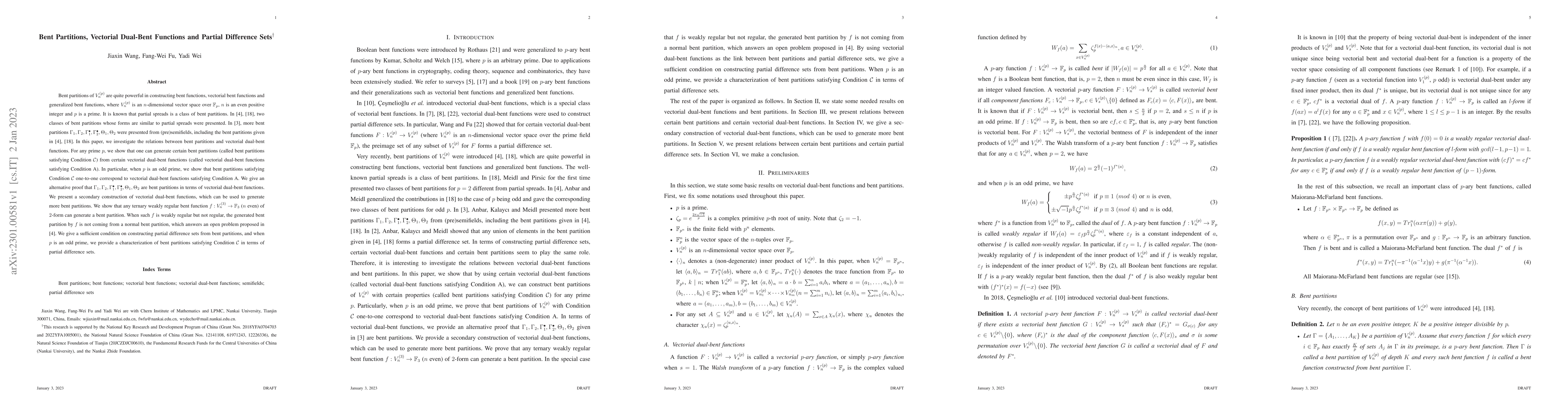 Thumbnail for Bent Partitions, Vectorial Dual-Bent Functions and Partial Difference
  Sets