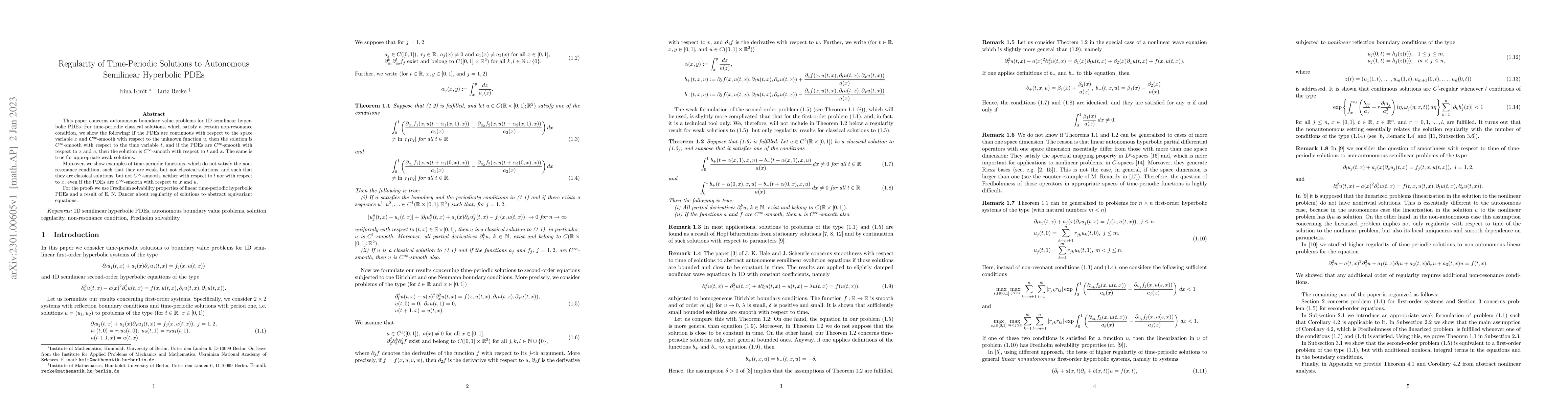 Thumbnail for Regularity of Time-Periodic Solutions to Autonomous Semilinear
  Hyperbolic PDEs
