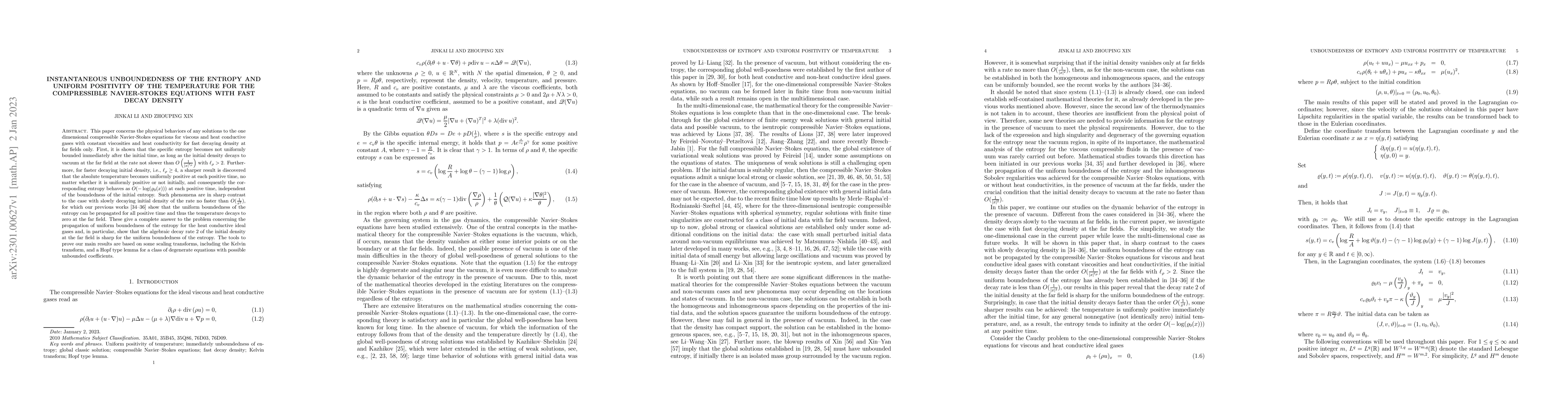 Thumbnail for Instantaneous unboundedness of the entropy and uniform positivity of the
  temperature for the compressible Navier-Stokes equations with fast decay
  density
