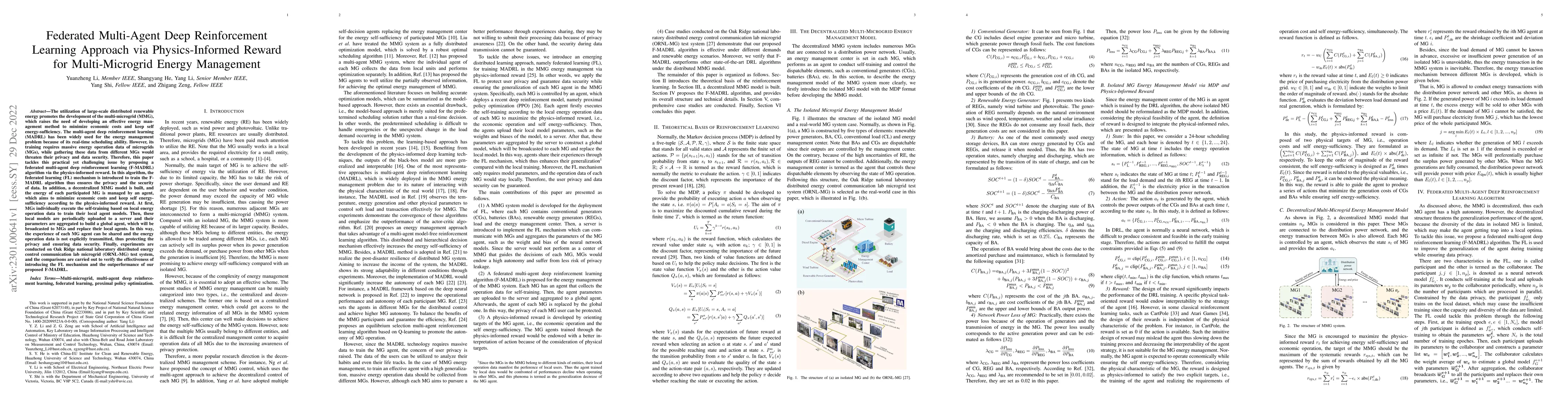 Thumbnail for Federated Multi-Agent Deep Reinforcement Learning Approach via
  Physics-Informed Reward for Multi-Microgrid Energy Management