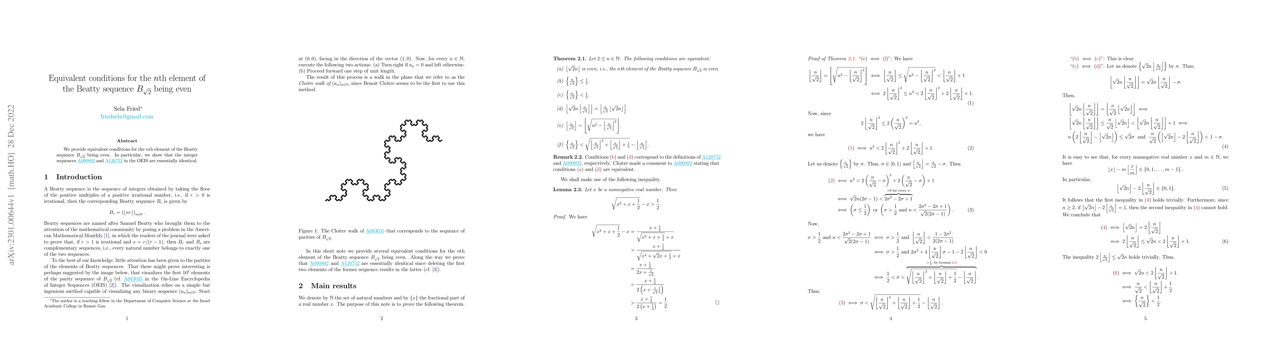 Thumbnail for Equivalent conditions for the $n$th element of the Beatty sequence
  $B_{\sqrt{2}}$ being even