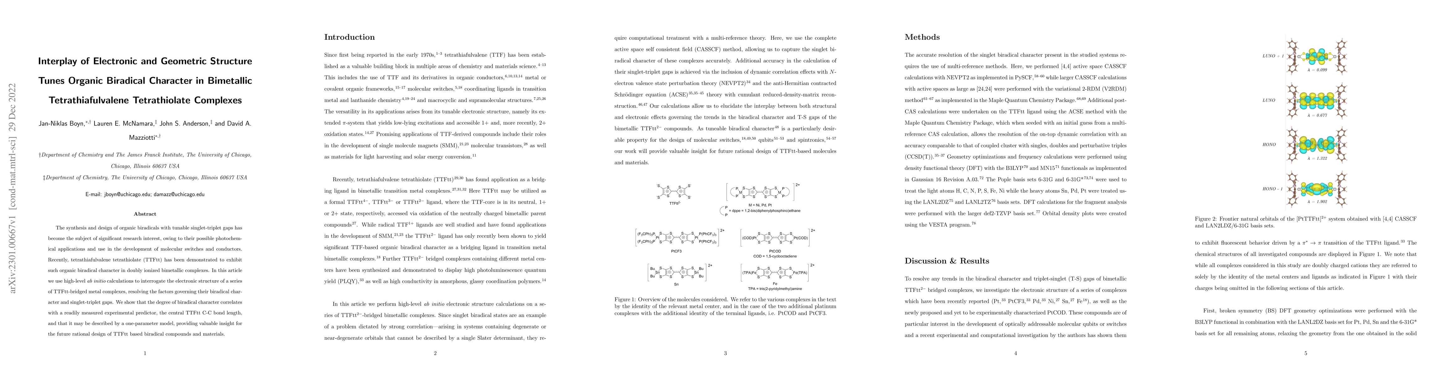 Thumbnail for Interplay of Electronic and Geometric Structure Tunes Organic Biradical
  Character in Bimetallic Tetrathiafulvalene Tetrathiolate Complexes
