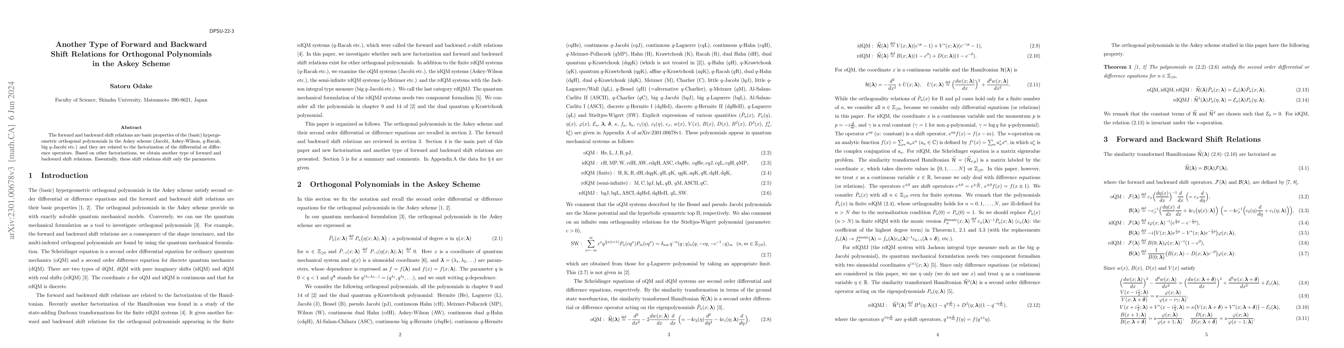 Thumbnail for Another Type of Forward and Backward Shift Relations for Orthogonal
  Polynomials in the Askey Scheme