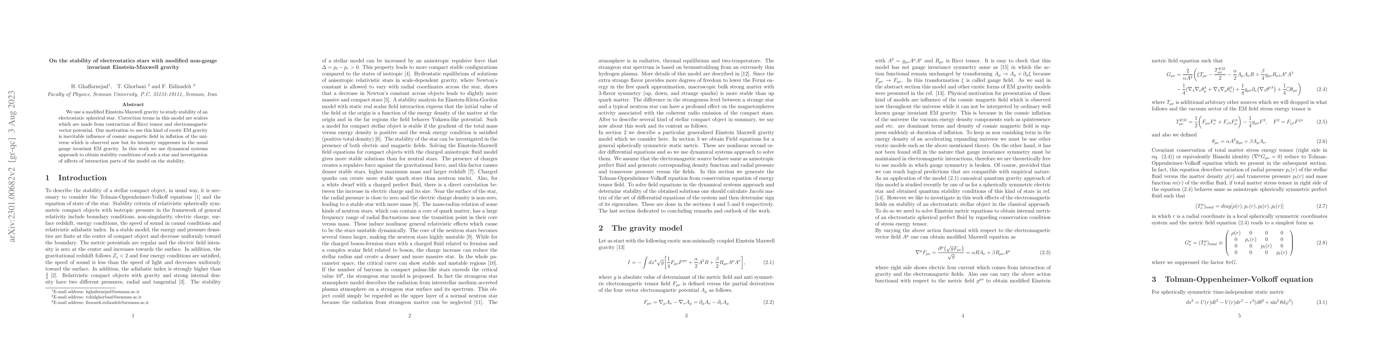 Thumbnail for On the stability of electrostatics stars with modified non-gauge
  invariant Einstein-Maxwell gravity