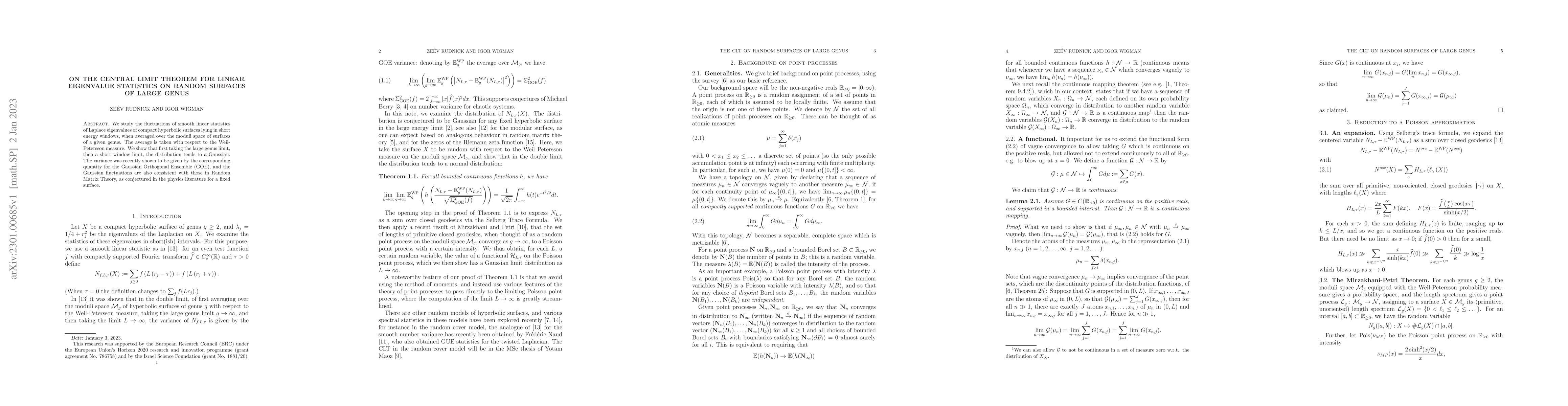 Thumbnail for On the Central Limit Theorem for linear eigenvalue statistics on random
  surfaces of large genus