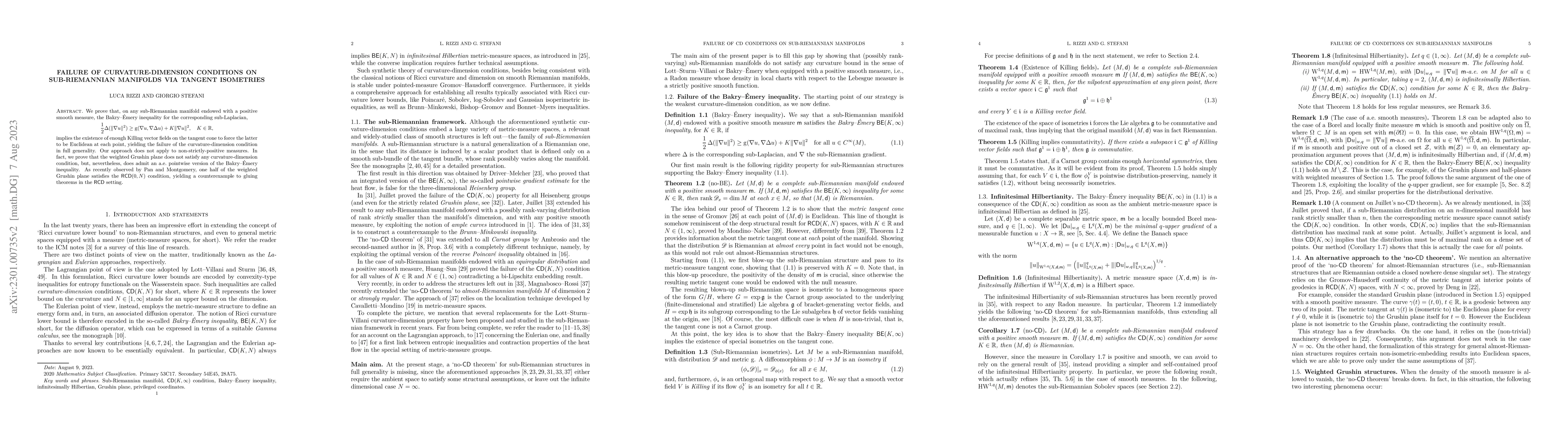 Thumbnail for Failure of curvature-dimension conditions on sub-Riemannian manifolds
  via tangent isometries