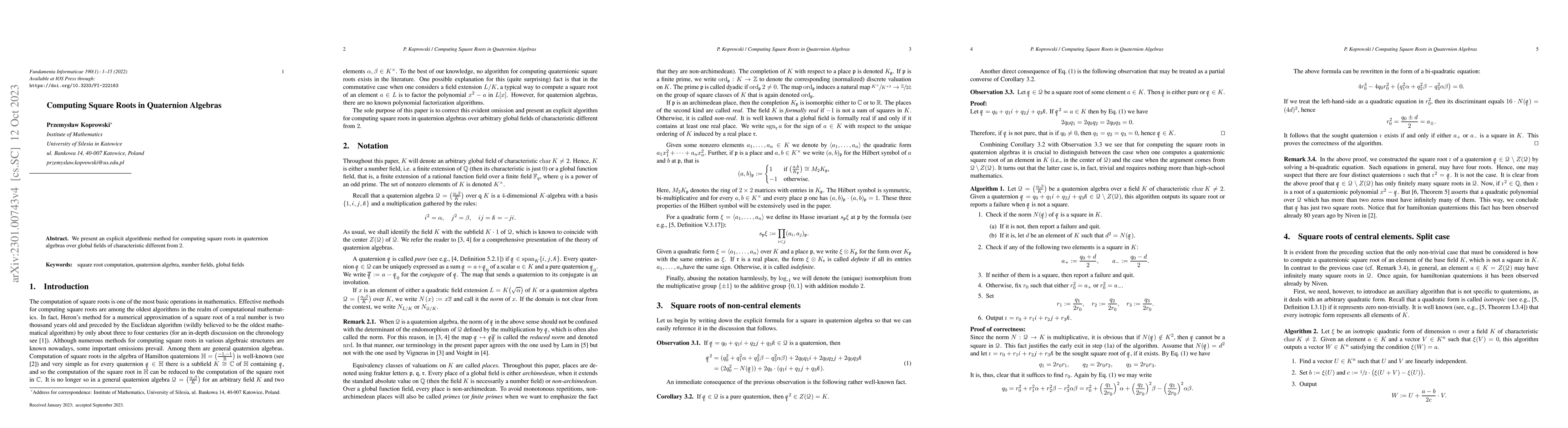 Thumbnail for Computing square roots in quaternion algebras