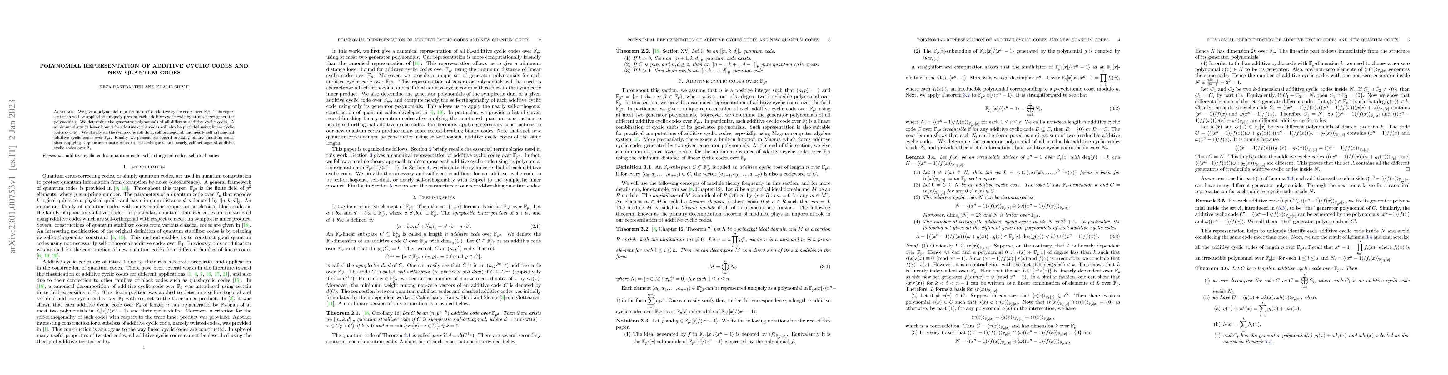 Thumbnail for Polynomial representation of additive cyclic codes and new quantum codes