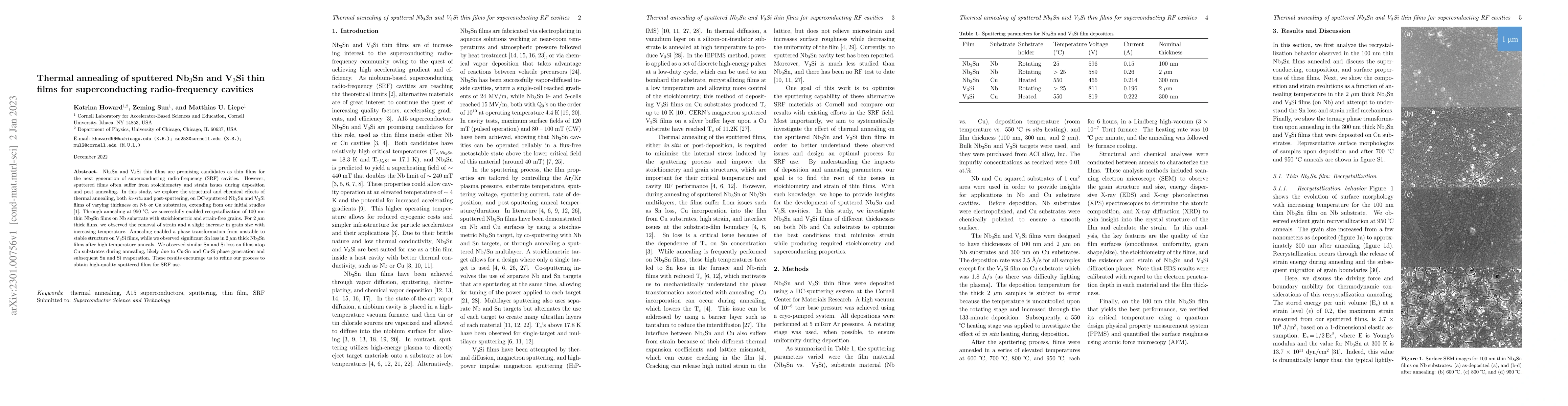 Thumbnail for Thermal annealing of sputtered Nb3Sn and V3Si thin films for
  superconducting radio-frequency cavities