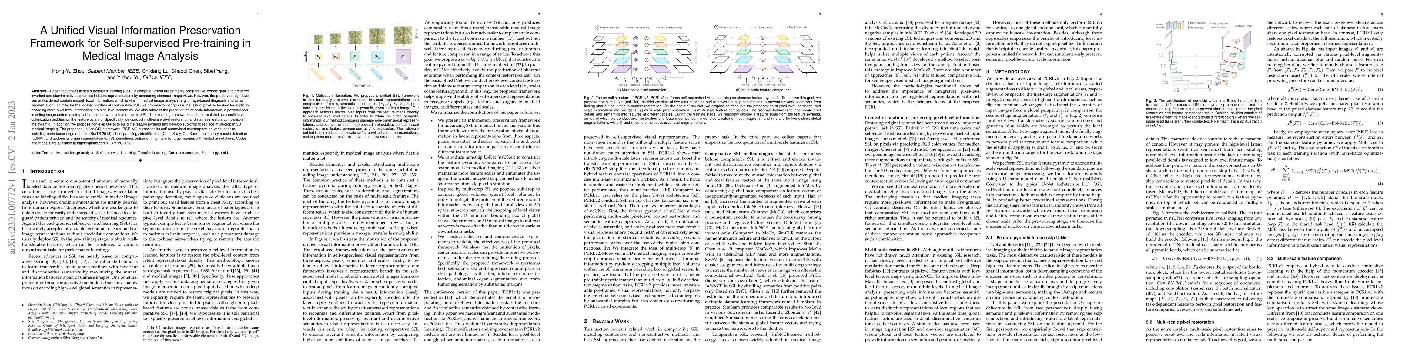 Thumbnail for PCRLv2: A Unified Visual Information Preservation Framework for
  Self-supervised Pre-training in Medical Image Analysis