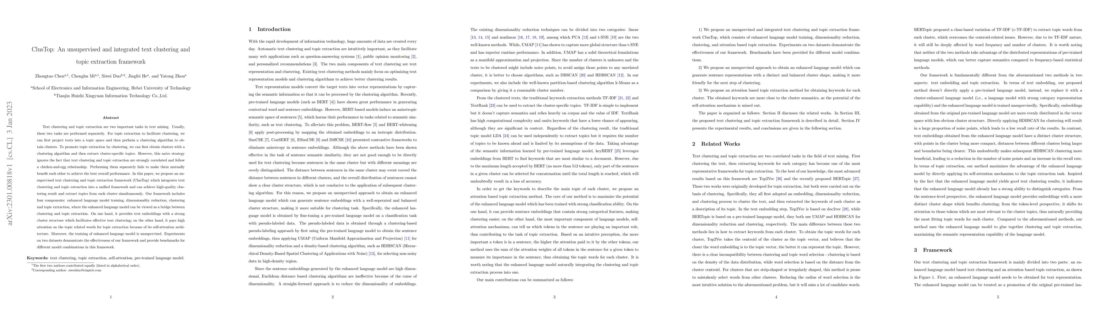 Thumbnail for ClusTop: An unsupervised and integrated text clustering and topic
  extraction framework