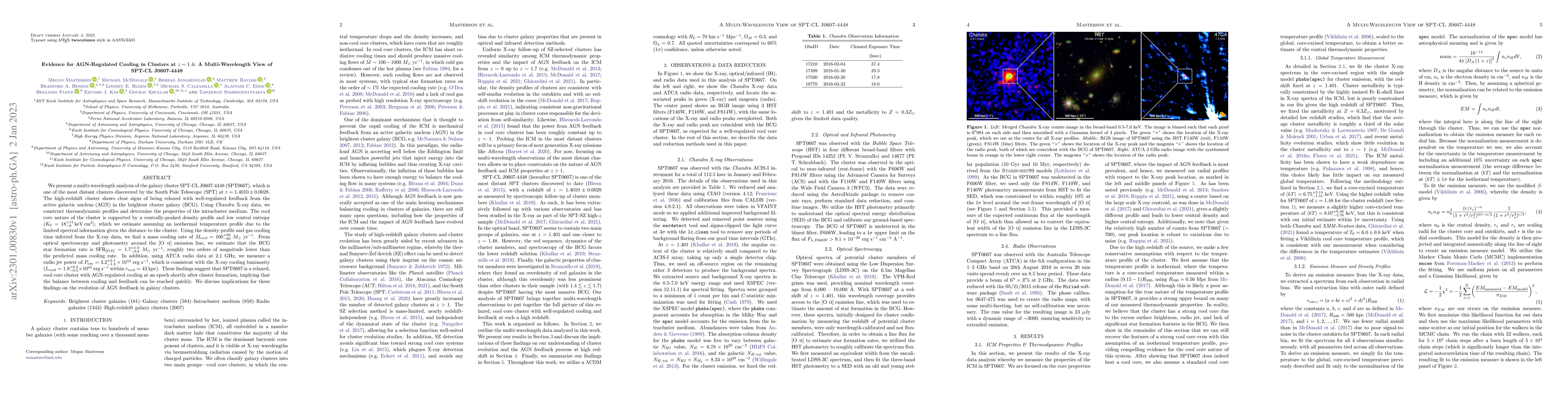 Thumbnail for Evidence for AGN-Regulated Cooling in Clusters at $z \sim 1.4$: A
  Multi-Wavelength View of SPT-CL J0607-4448