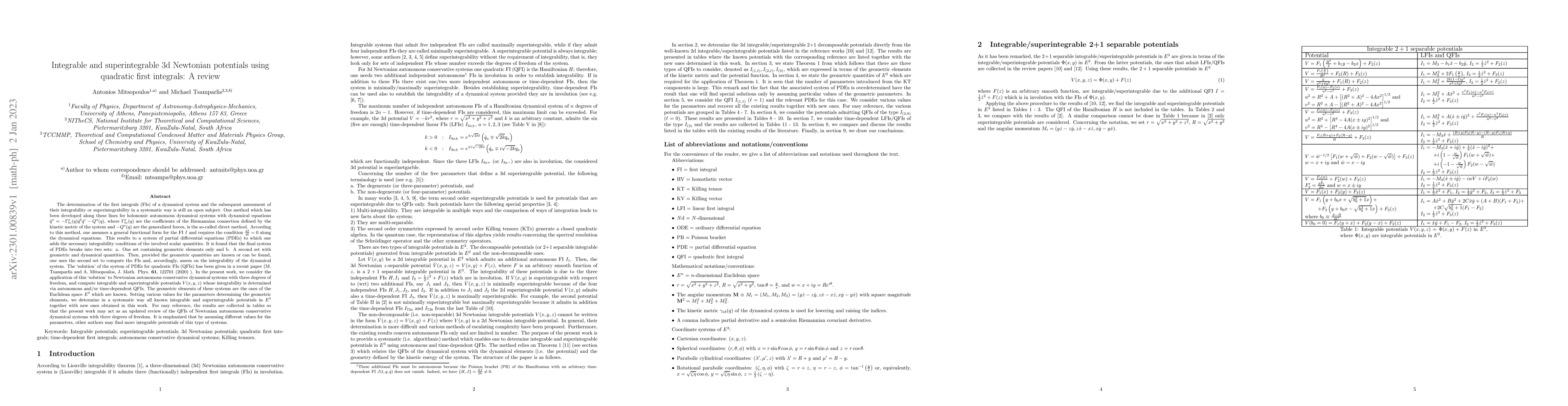 Thumbnail for Integrable and superintegrable 3d Newtonian potentials using quadratic
  first integrals: A review