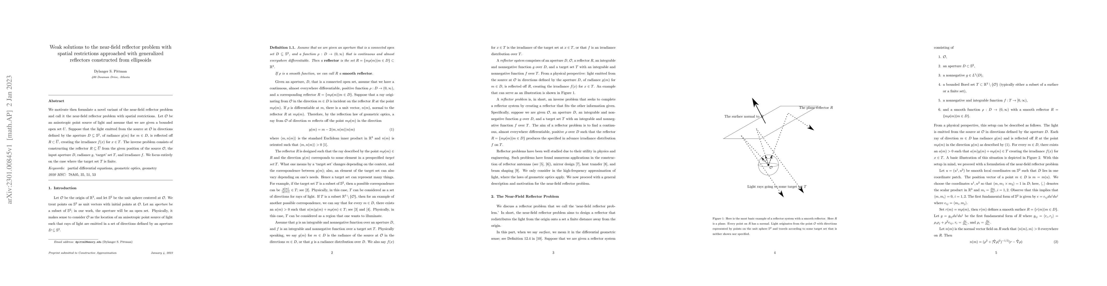 Thumbnail for Weak solutions to the near-field reflector problem with spatial
  restrictions approached with generalized reflectors constructed from
  ellipsoids