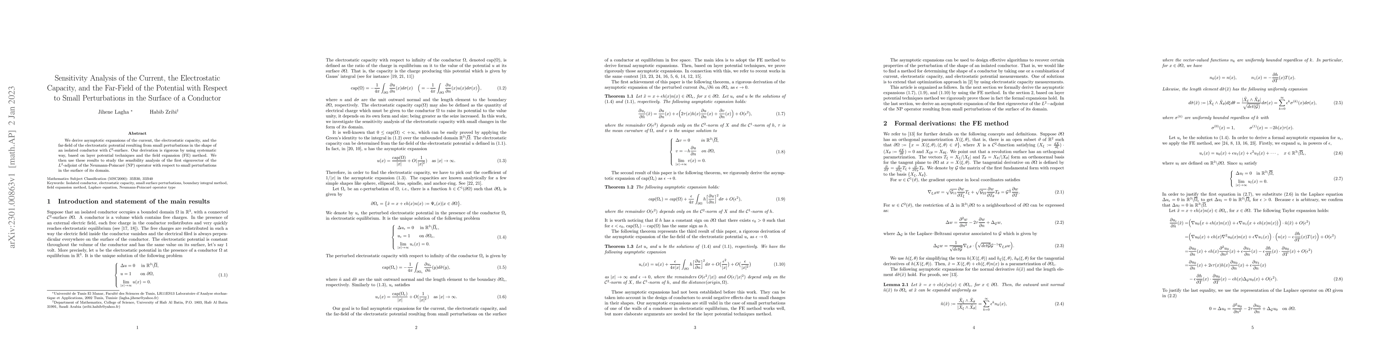 Thumbnail for Sensitivity Analysis of the Current, the Electrostatic Capacity, and the
  Far-Field of the Potential with Respect to Small Perturbations in the Surface
  of a Conductor