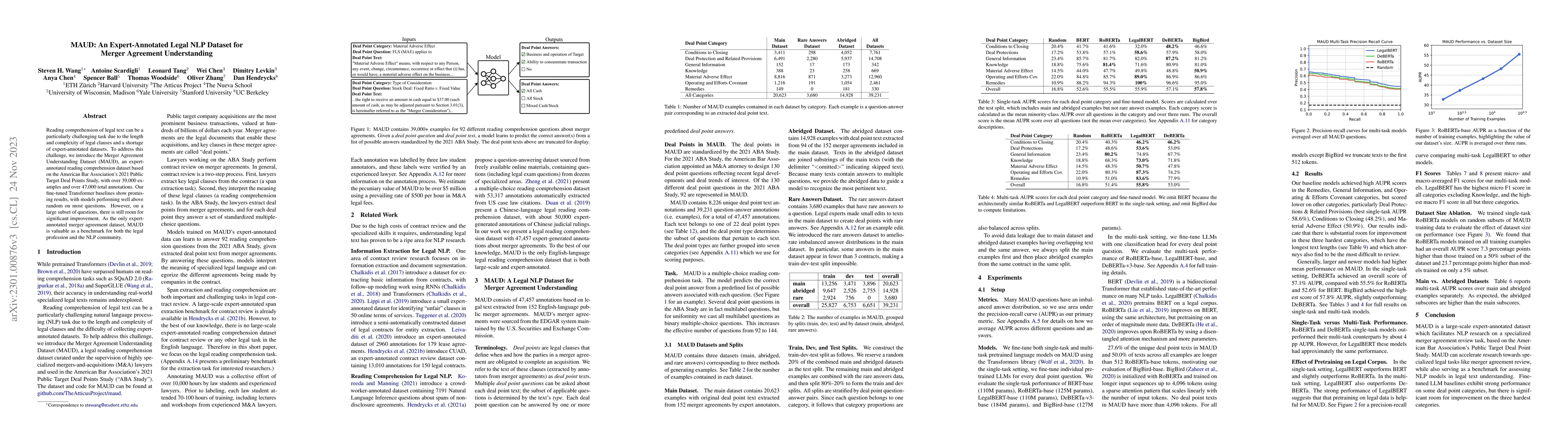 Thumbnail for MAUD: An Expert-Annotated Legal NLP Dataset for Merger Agreement
  Understanding