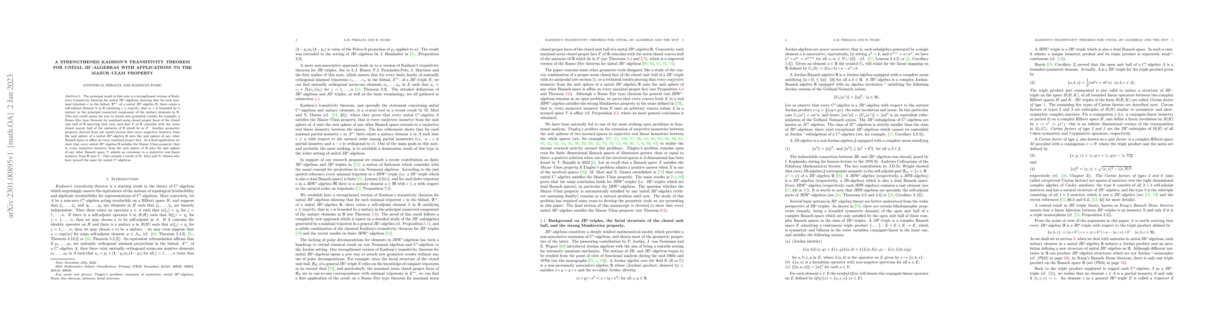 Thumbnail for A strengthened Kadison's transitivity theorem for unital JB$^*$-algebras
  with applications to the Mazur--Ulam property