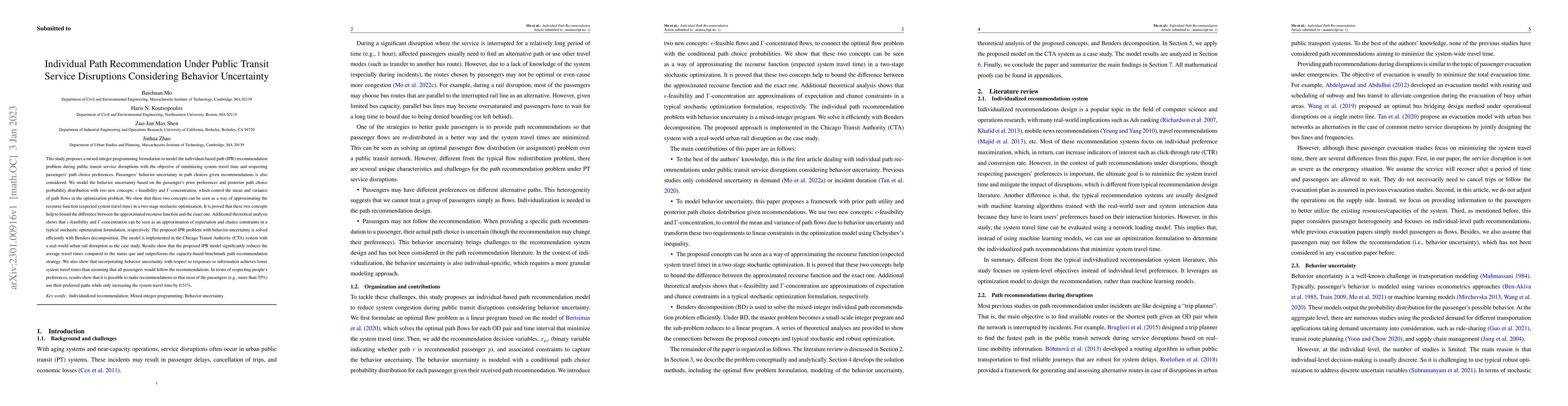 Thumbnail for Individual Path Recommendation Under Public Transit Service Disruptions
  Considering Behavior Uncertainty