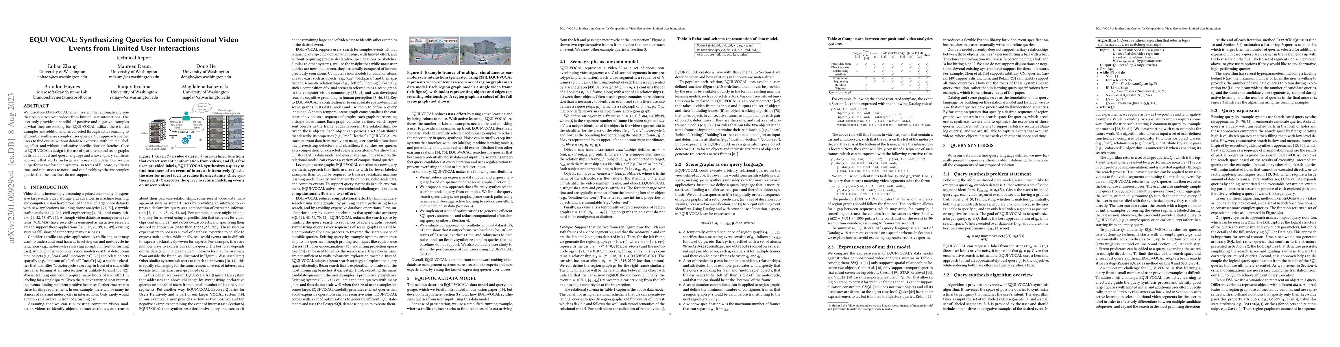 Thumbnail for EQUI-VOCAL: Synthesizing Queries for Compositional Video Events from
  Limited User Interactions [Technical Report]