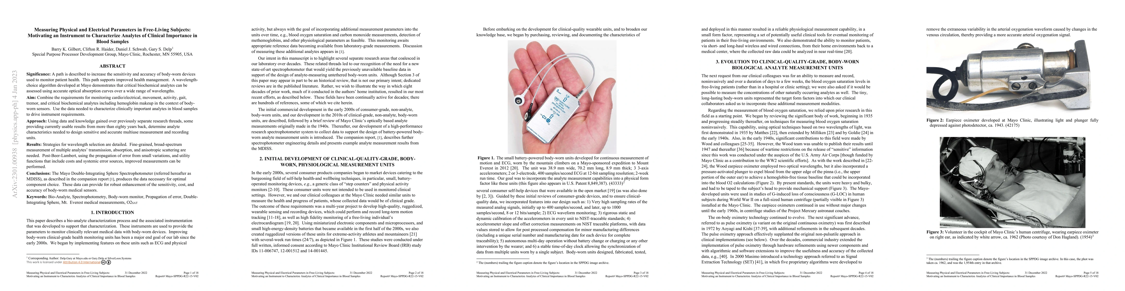 Thumbnail for Measuring Physical and Electrical Parameters in Free-Living Subjects:
  Motivating an Instrument to Characterize Analytes of Clinical Importance in
  Blood Samples