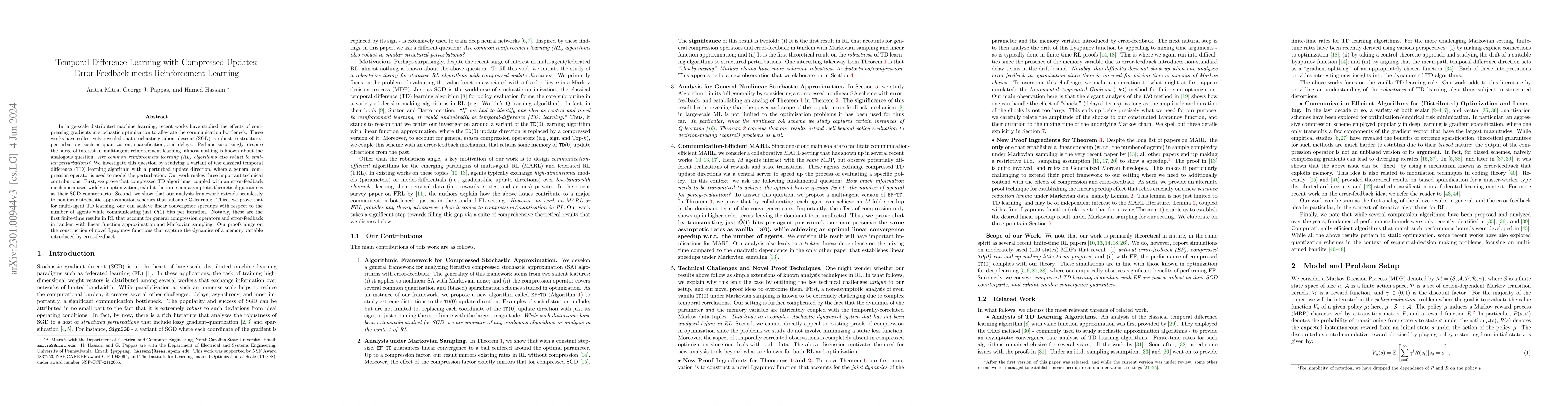 Thumbnail for Temporal Difference Learning with Compressed Updates: Error-Feedback
  meets Reinforcement Learning