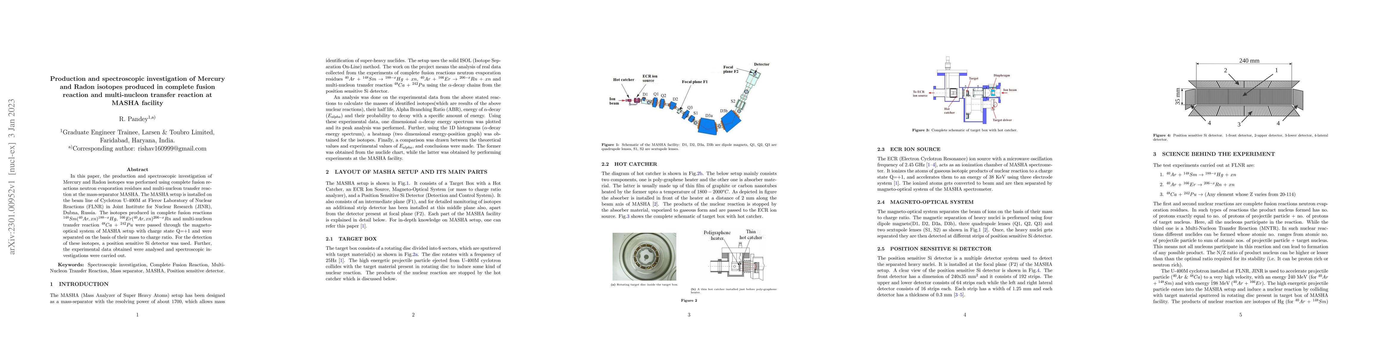 Thumbnail for Production and spectroscopic investigation of Mercury and Radon isotopes
  produced in complete fusion reaction and multi-nucleon transfer reaction at
  MASHA facility