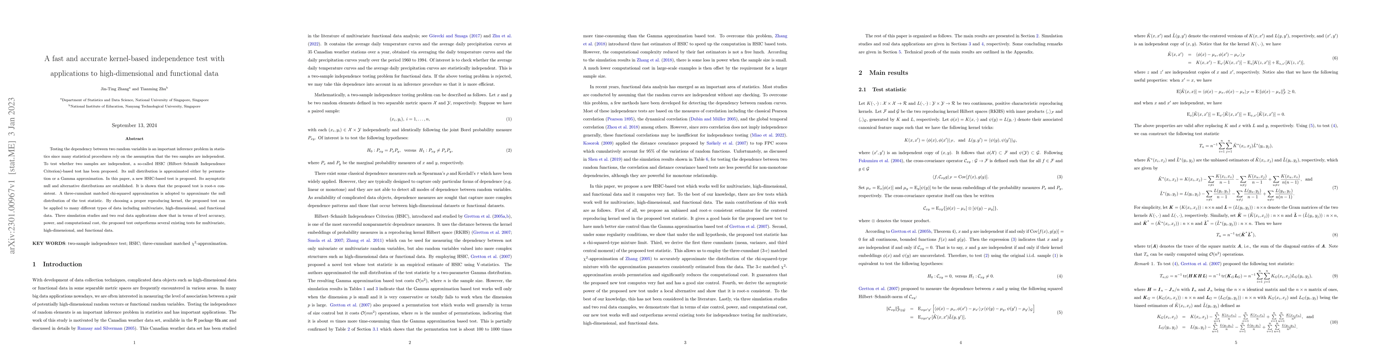 Thumbnail for A fast and accurate kernel-based independence test with applications to
  high-dimensional and functional data