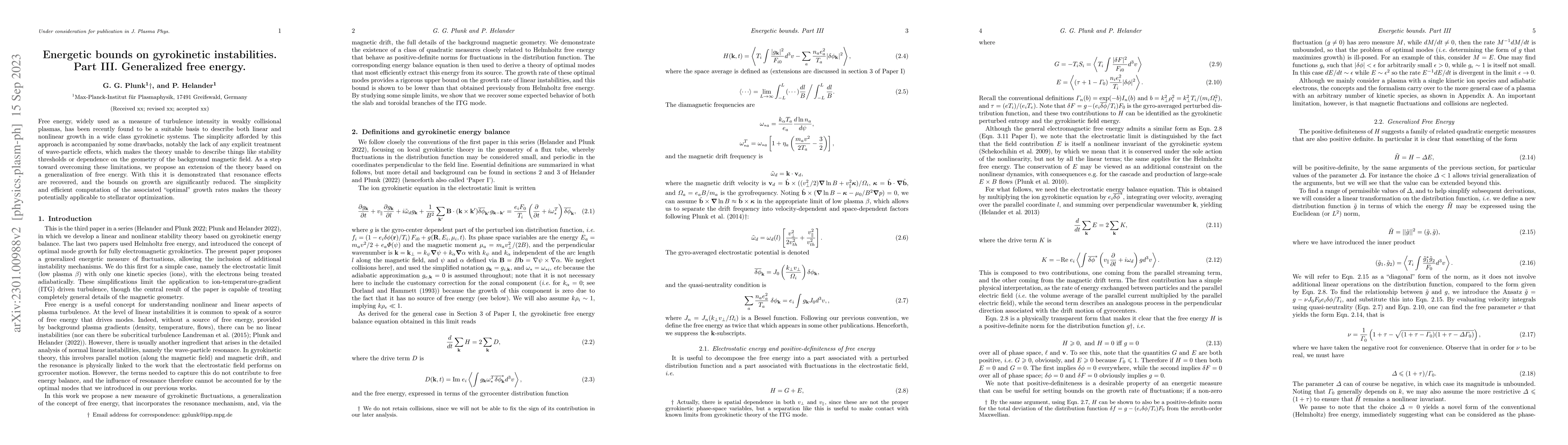 Thumbnail for Energetic bounds on gyrokinetic instabilities. Part III. Generalized
  free energy