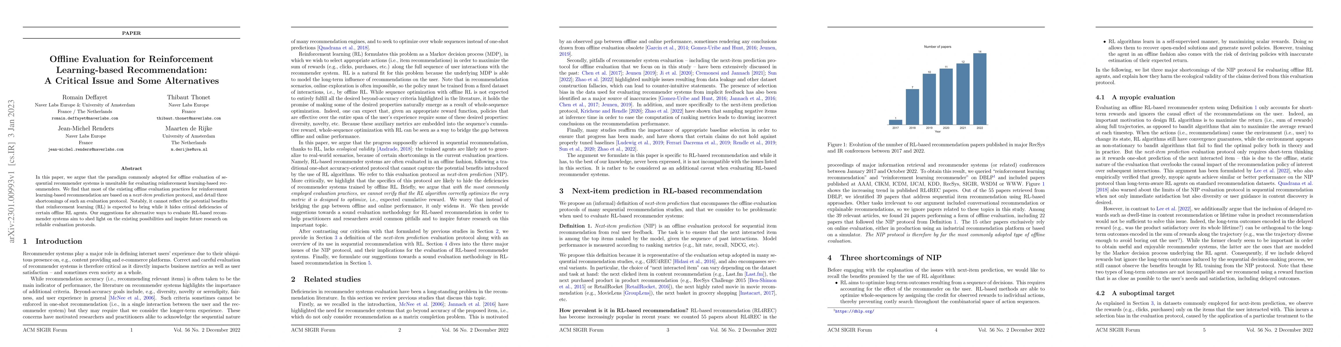 Thumbnail for Offline Evaluation for Reinforcement Learning-based Recommendation: A
  Critical Issue and Some Alternatives