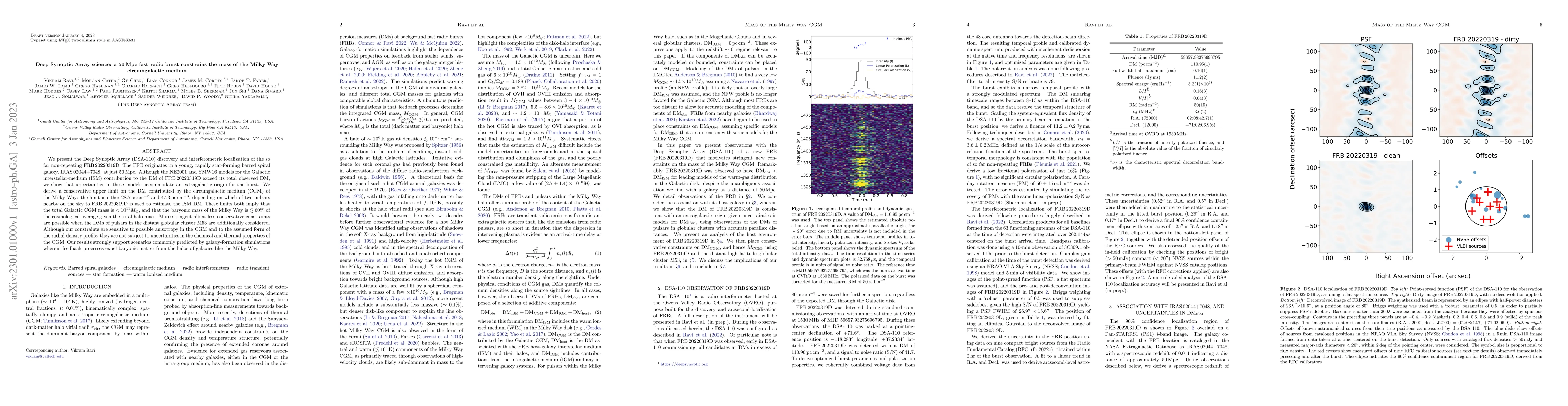 Thumbnail for Deep Synoptic Array science: a 50 Mpc fast radio burst constrains the
  mass of the Milky Way circumgalactic medium