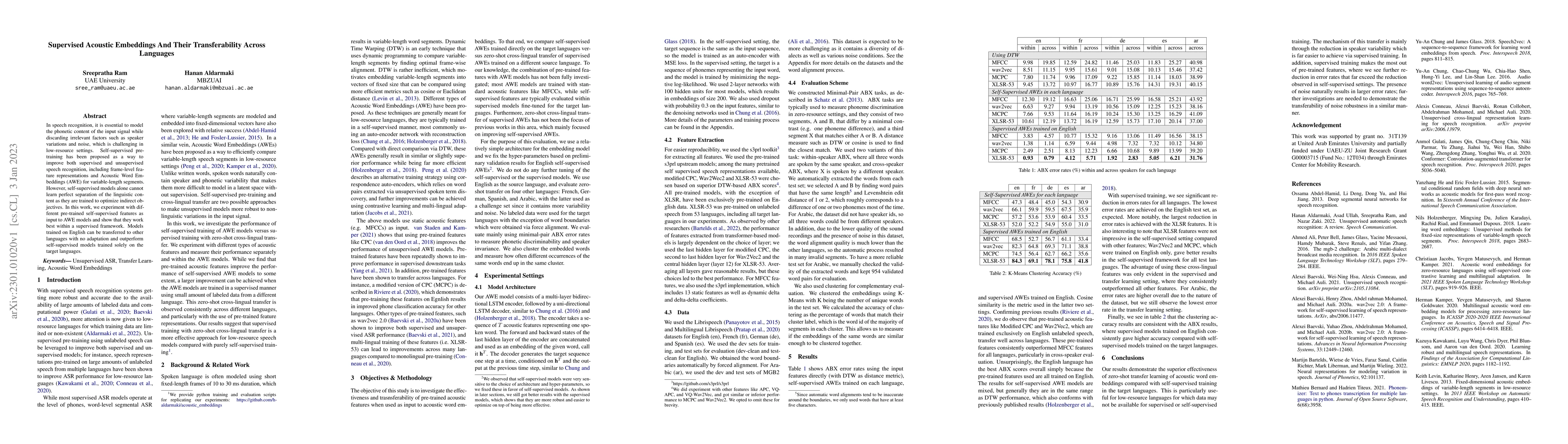 Thumbnail for Supervised Acoustic Embeddings And Their Transferability Across
  Languages