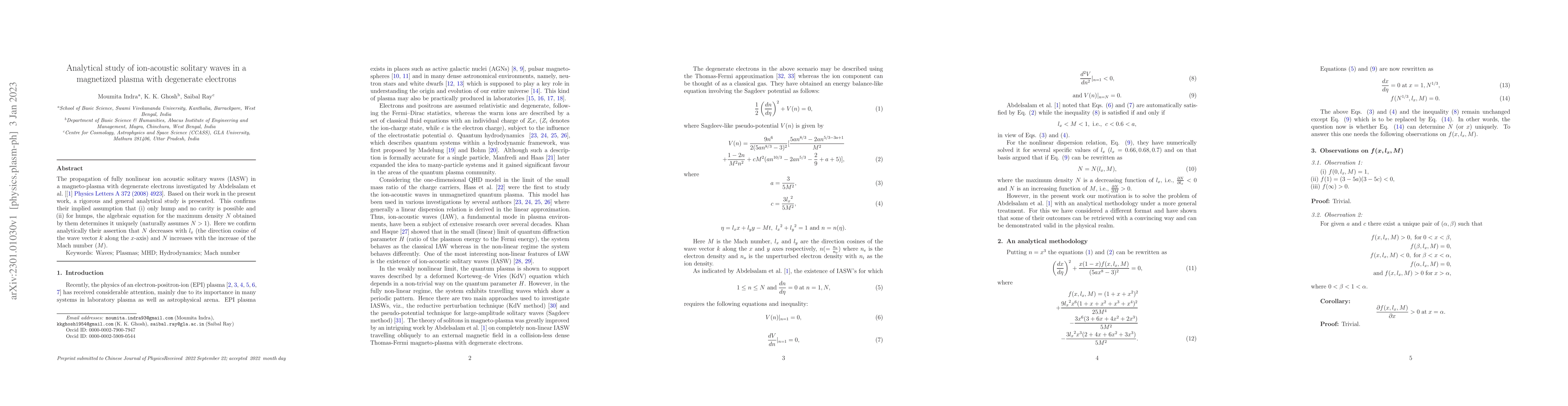 Thumbnail for Analytical study of ion-acoustic solitary waves in a magnetized plasma
  with degenerate electrons