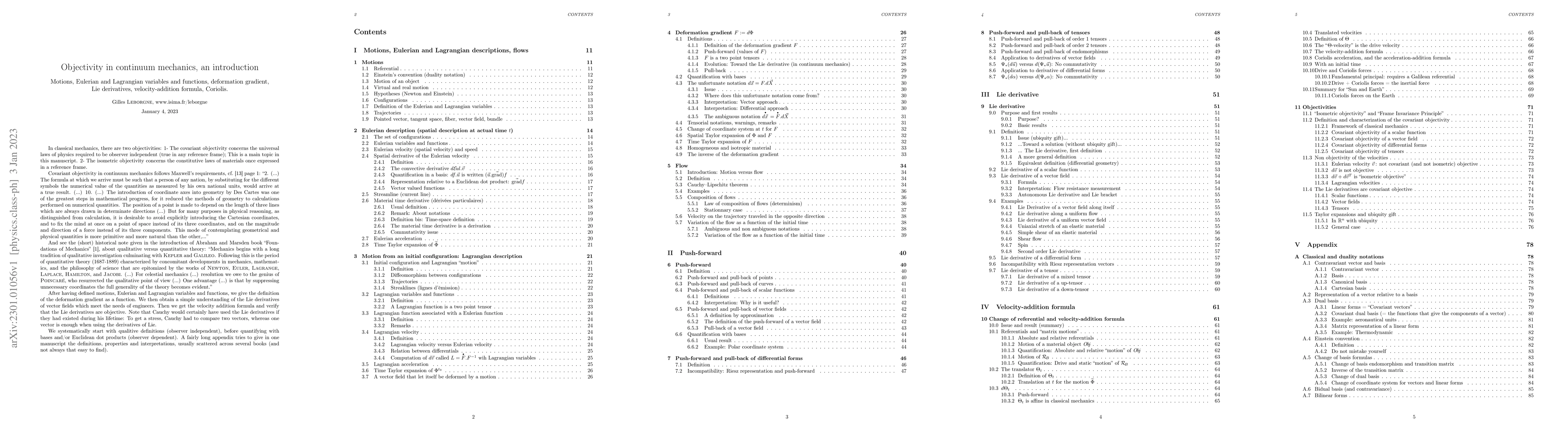 Thumbnail for Objectivity in continuum mechanics, an introduction. Motions, Eulerian
  and Lagrangian variables and functions, deformation gradient, Lie
  derivatives, velocity-addition formula, Coriolis