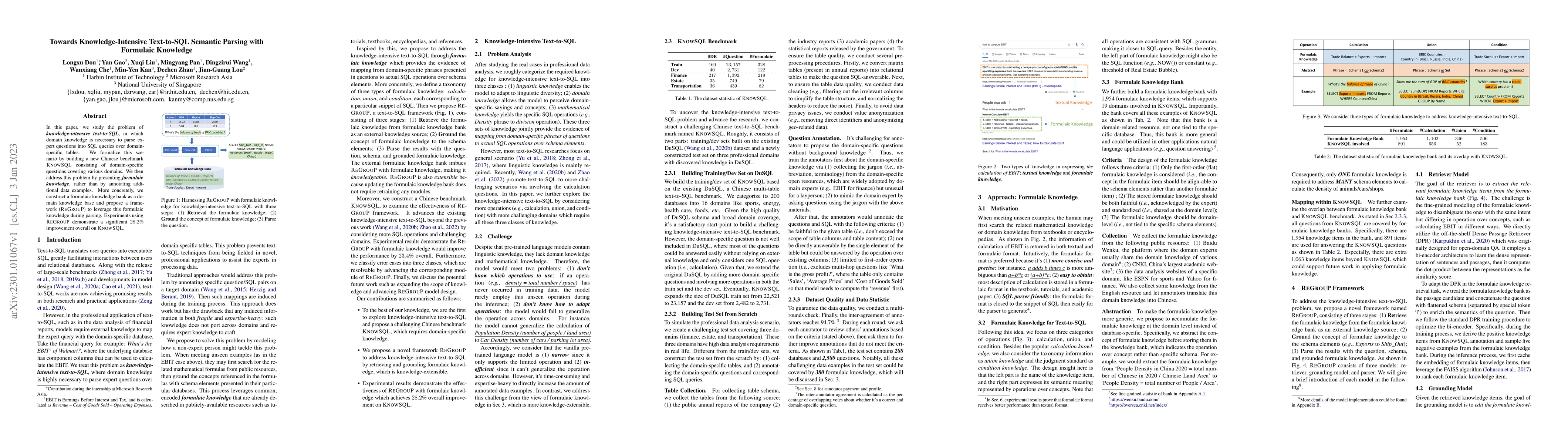 Thumbnail for Towards Knowledge-Intensive Text-to-SQL Semantic Parsing with Formulaic
  Knowledge