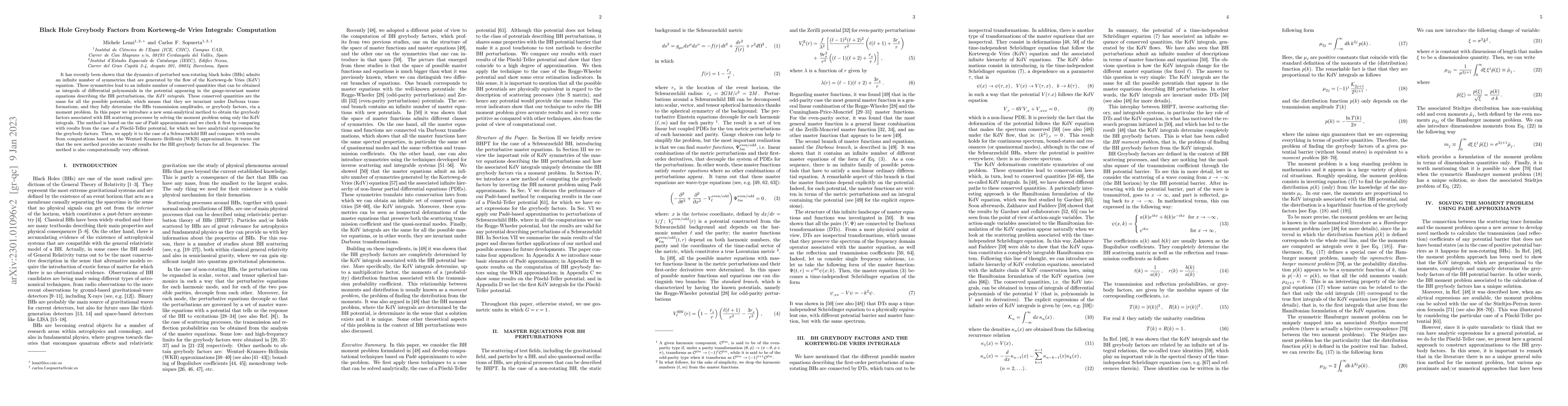 Thumbnail for Black Hole Greybody Factors from Korteweg-de Vries Integrals:
  Computation