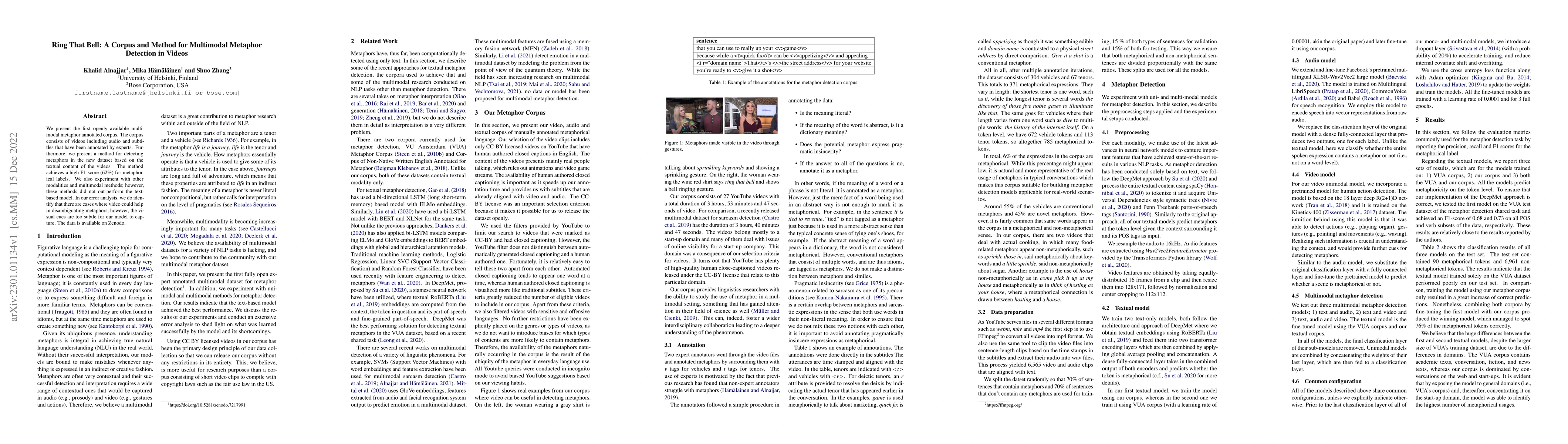 Thumbnail for Ring That Bell: A Corpus and Method for Multimodal Metaphor Detection in
  Videos