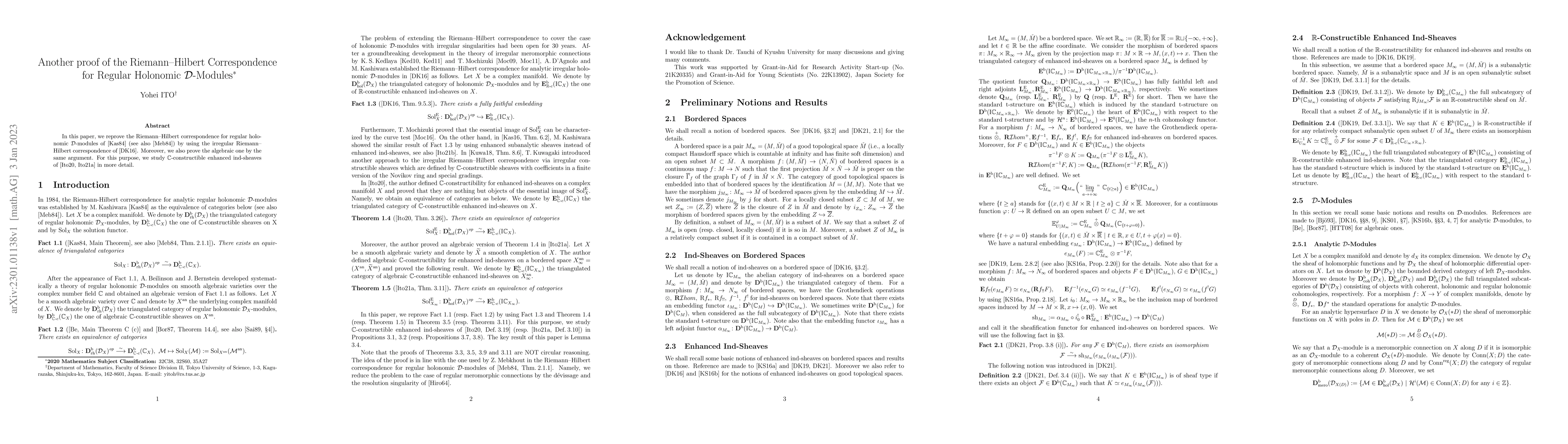 Thumbnail for Another proof of the Riemann-Hilbert Correspondence for Regular
  Holonomic D-Modules
