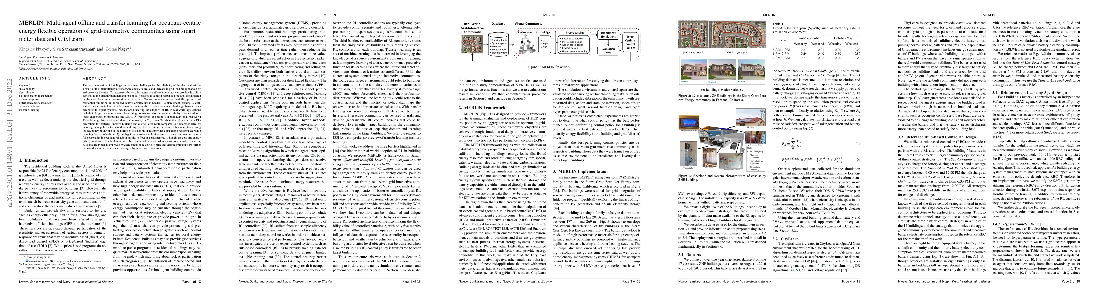 Thumbnail for MERLIN: Multi-agent offline and transfer learning for occupant-centric
  energy flexible operation of grid-interactive communities using smart meter
  data and CityLearn
